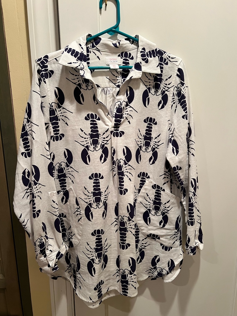 Sigrid Olsen White Button-Down Shirt with Navy Lobster Print
